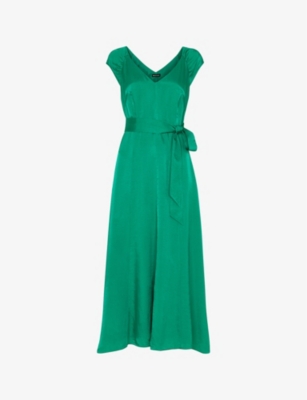 Shop Whistles Women's Green Arie Cap-sleeved Belted Satin Midi Dress