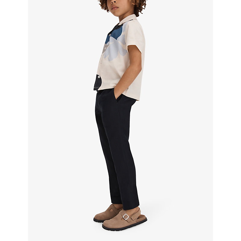 Shop Reiss Boys Grey/blue Multi Kids Graphic-print Spread-collar Cotton Shirt 3-13 Years