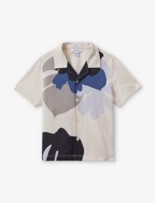 Shop Reiss Graphic-print Spread-collar Cotton Shirt 3-13 Years In Grey/blue Multi