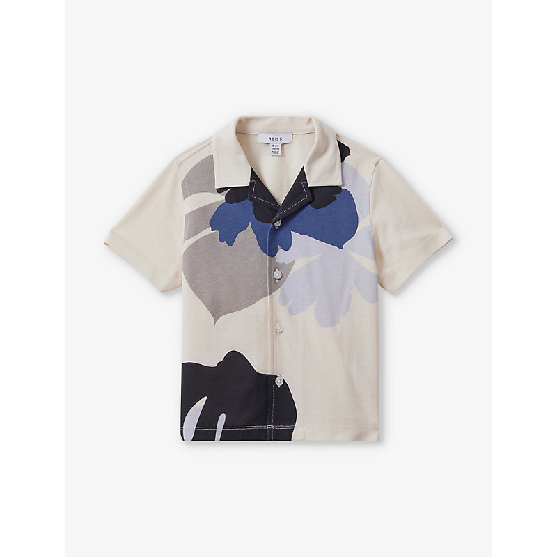 Shop Reiss Boys Grey/blue Multi Kids Graphic-print Spread-collar Cotton Shirt 3-13 Years