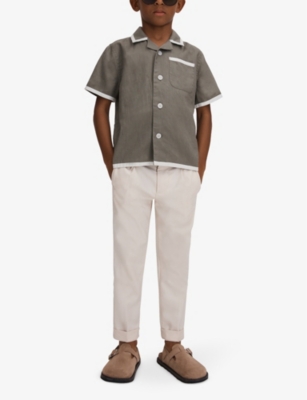 Shop Reiss Boys Khaki/white Kids Vitan Contrast-trim Linen Shirt 3-13 Years