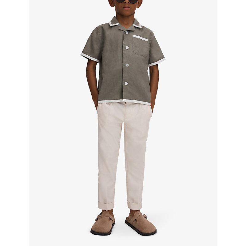 Shop Reiss Boys Khaki/white Kids Vitan Contrast-trim Linen Shirt 3-13 Years