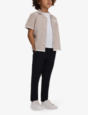 Shop Reiss Boys Stone/white Kids Vitan Contrast-trim Linen Shirt 3-13 Years