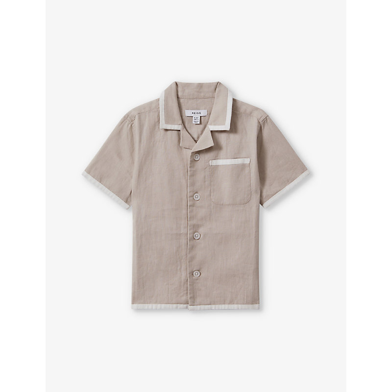 Shop Reiss Boys Stone/white Kids Vitan Contrast-trim Linen Shirt 3-13 Years