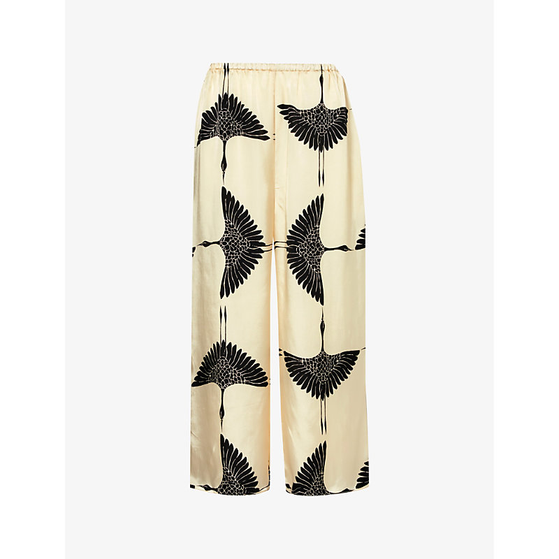 Shop Khaite Mindy Graphic-print High-rise Wide-leg Woven Trousers In Cream / Black