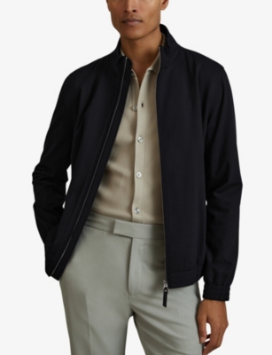 Shop Reiss Mens Petras Regular-fit Ribbed-trim Stretch-woven Bomber Jacket Navy