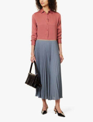 VINCE WOMENS LAKE STONE PLEATED HIGH-WAIST WOVEN MIDI SKIRT 