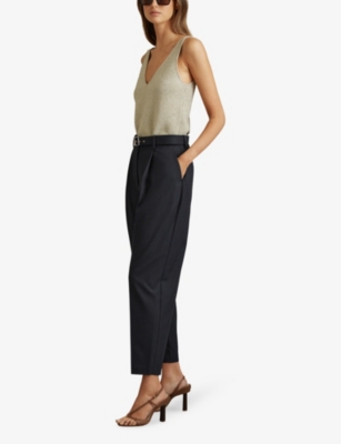 Shop Reiss Womens  Freja Belted-waist High-rise Stretch-woven Trousers In Navy