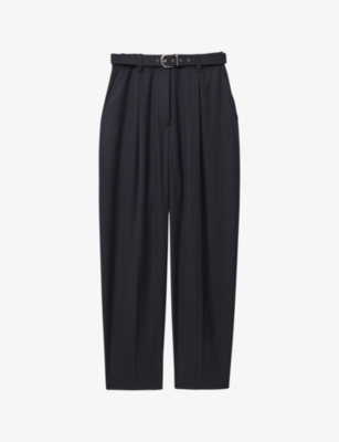 Shop Reiss Womens  Freja Belted-waist High-rise Stretch-woven Trousers In Navy