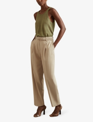 Shop Reiss Womens  Freja Belted-waist High-rise Stretch-woven Trousers In Neutral