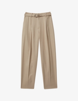 Shop Reiss Womens  Freja Belted-waist High-rise Stretch-woven Trousers In Neutral