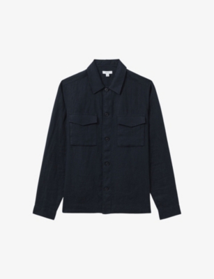Reiss Mens Vy Viera Patch-pocket Long-sleeve Linen Overshirt In Navy
