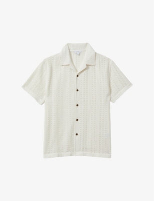Reiss Mens Ecru Paradise Cuban-collar Short-sleeve Cotton Shirt