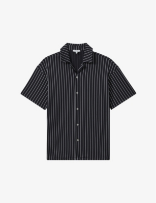 Reiss Neptune Cuban-collar Striped Stretch-woven Shirt In Navy/white