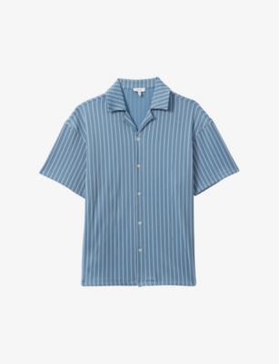 Reiss Neptune Cuban-collar Striped Stretch-woven Shirt In White/soft Blue