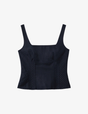 Reiss Womens Vy Mirabelle Square-neck Corset Linen Top In Navy