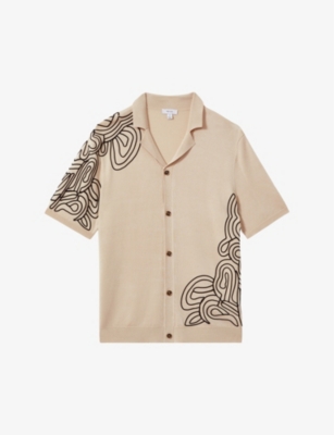 REISS: Romance abstract-embroidered stretch-jersey shirt