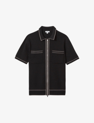 Reiss Mens Black Christophe Striped-trim Stretch-woven Shirt