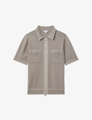 Reiss Mens Stone Christophe Striped-trim Stretch-woven Shirt