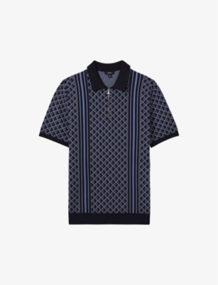 Reiss Mens Vy Sanderson Diamond-pattern Stretch-knit Polo Shirt In Navy