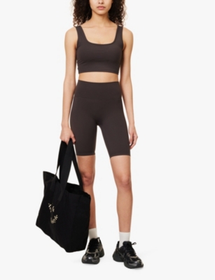 Adanola Ultimate Square-neck Stretch-woven Sports Bra In Coffee Bean