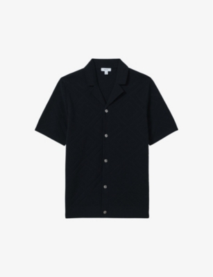 Reiss Mens Vy Biarritz Geometric-print Short-sleeve Cotton Shirt In Navy