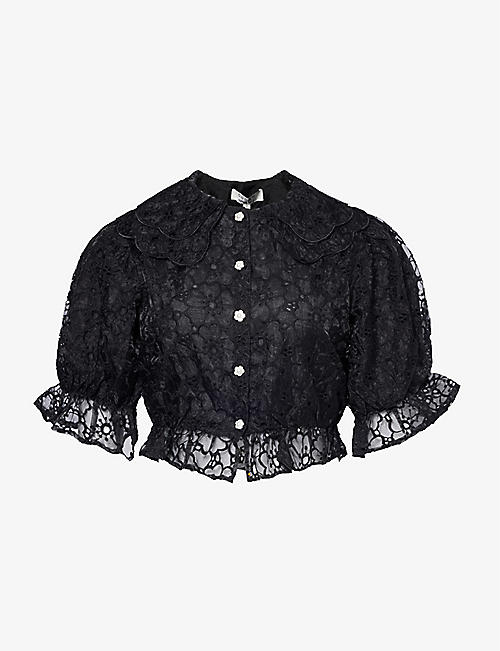 SISTER JANE: Peach Flower lace-pattern woven blouse