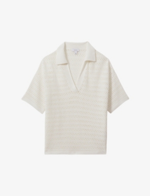 REISS: Carla open-stitch knitted polo shirt