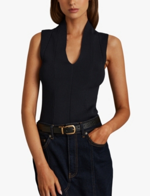 Reiss Womens Navy Kimmy V-neck Sleeveless Stretch-knit Vest In Navy