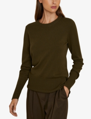 REISS WOMENS ANNIE ROUND-NECK WOOL-BLEND JUMPER KHAKI 