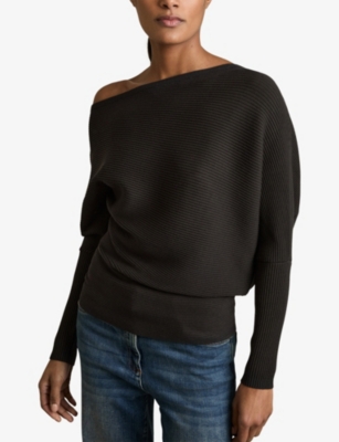 Reiss Womens Lorna Draped-neck Asymmetric Stretch-knit Jumper Chocolate Brown Xs In Chocolate Brown