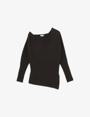 Reiss Womens Lorna Draped-neck Asymmetric Stretch-knit Jumper Chocolate Brown Xs In Chocolate Brown