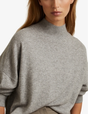 REISS WOMENS GREY MARL ALICIA FUNNEL-NECK RELAXED-FIT WOOL AND CASHMERE-BLEND JUMPER 