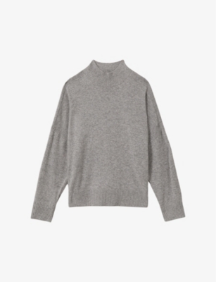 REISS WOMENS GREY MARL ALICIA FUNNEL-NECK RELAXED-FIT WOOL AND CASHMERE-BLEND JUMPER 