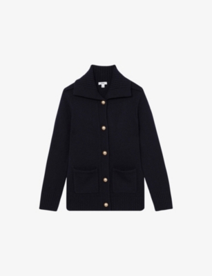REISS WOMENS NAVY CAT SPREAD-COLLAR WOOL-CASHMERE KNITTED CARDIGAN XS