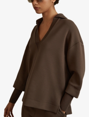 REISS WOMENS CHOCOLATE BERNIE OPEN-COLLAR RELAXED-FIT STRETCH-WOVEN JUMPER XS 