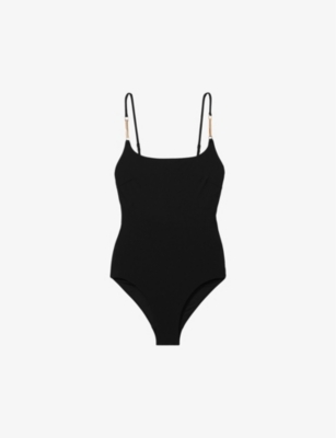 Shop Reiss Women's Black Imogen Chain-embellished Stretch-woven Swimsuit