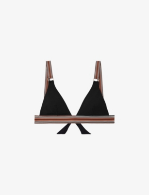 Reiss Yve Stripe-trim Triangle Stretch-woven Bikini Top In Black/brown