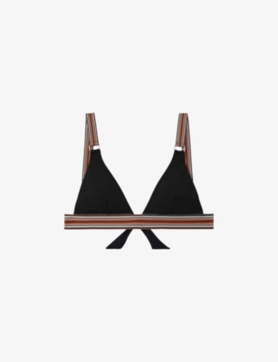 Shop Reiss Womens Yve Stripe-trim Triangle Stretch-woven Bikini Top Black/brown