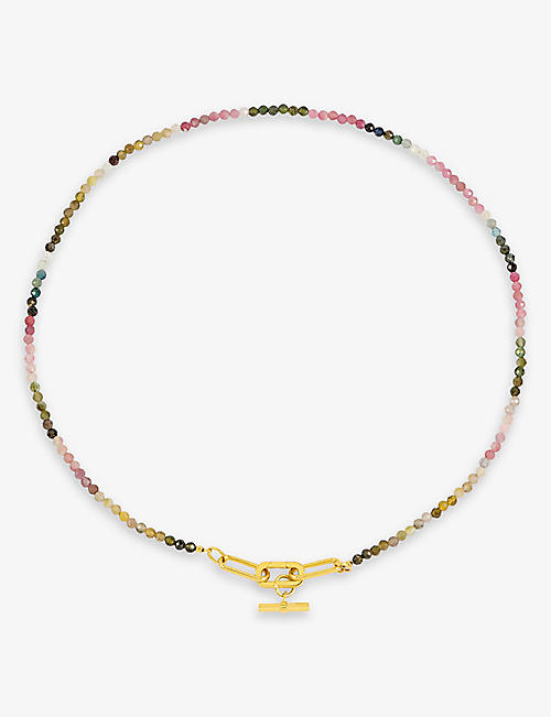 RACHEL JACKSON: Watermelon 22ct gold-plated sterling-silver and tourmaline T-bar necklace