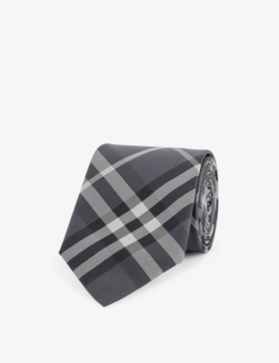 Shop Burberry Men's Charcoal Manston Checked Silk Tie