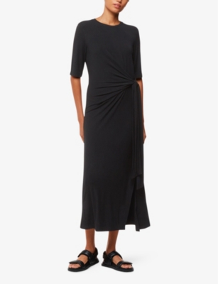 Shop Whistles Women's Black Twist-knot Long-sleeved Stretch-jersey Midi Dress