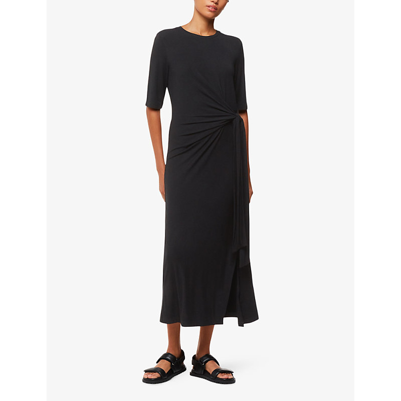 Shop Whistles Twist-knot Long-sleeved Stretch-jersey Midi Dress In Black