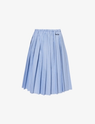 Miu Miu Pleated Check-print Cotton-poplin Midi Skirt In Celeste / Bleu