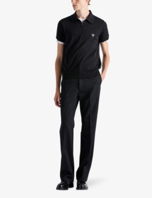 Prada Mens  Logo-embroidered Short-sleeved Wool Polo Shirt In Black