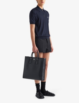 Shop Prada Logo-embroidered Short-sleeved Wool Polo Shirt In Blue