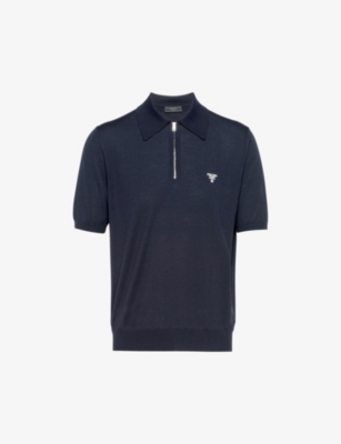 Shop Prada Mens Blue Logo-embroidered Short-sleeved Wool Polo Shirt