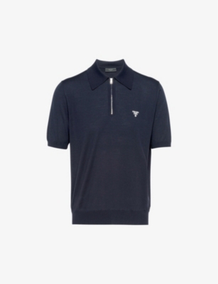 Shop Prada Logo-embroidered Short-sleeved Wool Polo Shirt In Blue