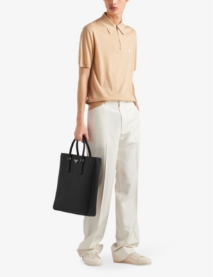 Shop Prada Logo-embroidered Short-sleeved Wool Polo Shirt In Neutral