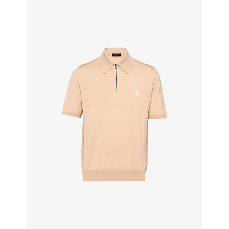 Prada Mens Neutral Logo-embroidered Short-sleeved Wool Polo Shirt